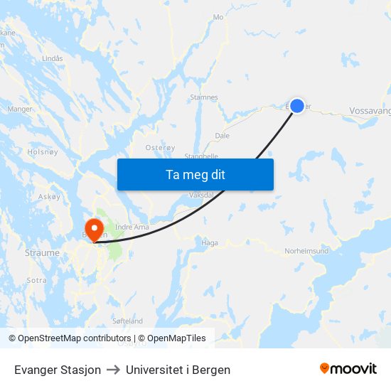 Evanger Stasjon to Universitet i Bergen map