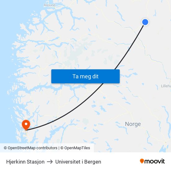 Hjerkinn Stasjon to Universitet i Bergen map