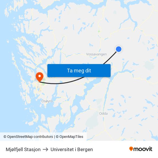 Mjølfjell Stasjon to Universitet i Bergen map