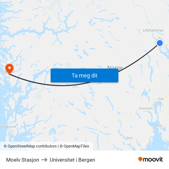 Moelv Stasjon to Universitet i Bergen map