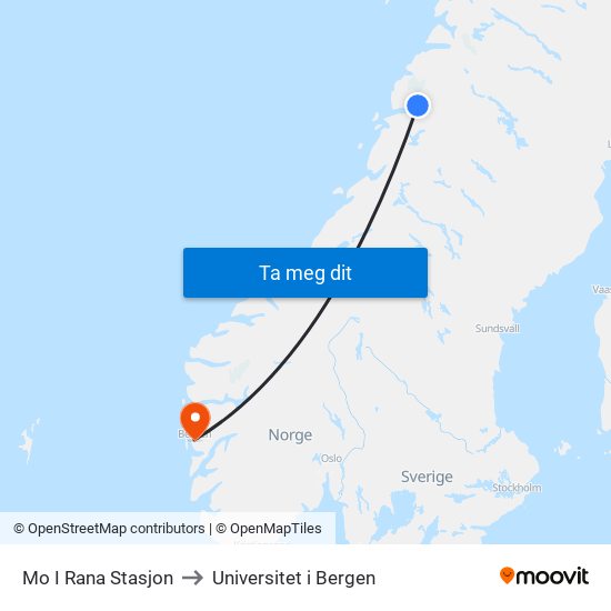 Mo I Rana Stasjon to Universitet i Bergen map