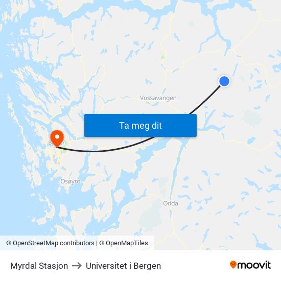 Myrdal Stasjon to Universitet i Bergen map