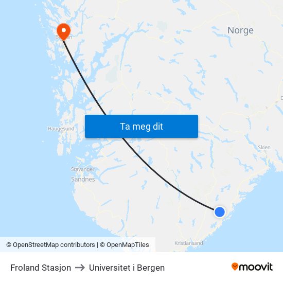Froland Stasjon to Universitet i Bergen map