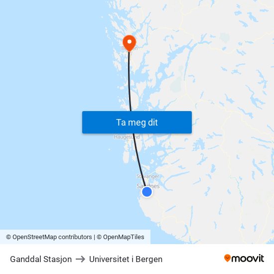 Ganddal Stasjon to Universitet i Bergen map