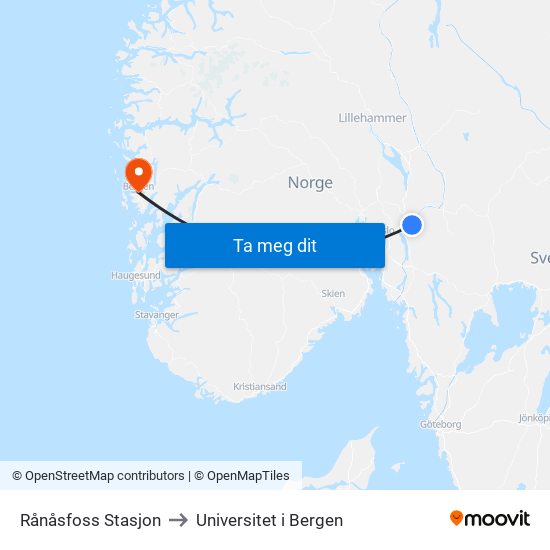 Rånåsfoss Stasjon to Universitet i Bergen map