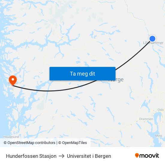 Hunderfossen Stasjon to Universitet i Bergen map