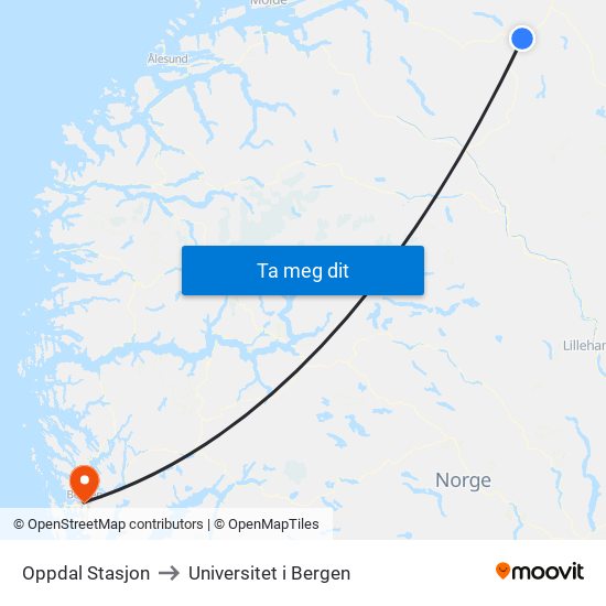 Oppdal Stasjon to Universitet i Bergen map