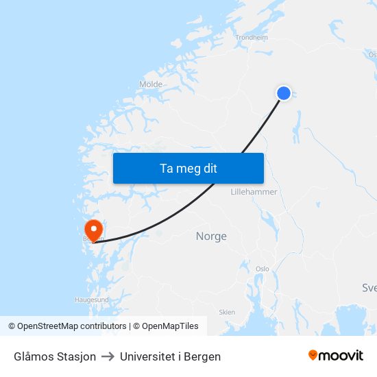 Glåmos Stasjon to Universitet i Bergen map