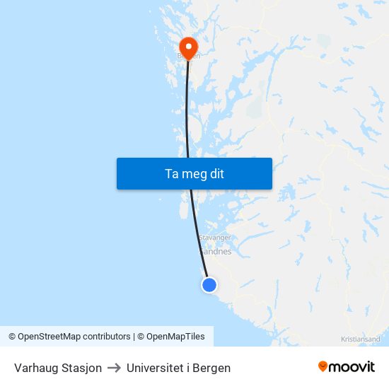 Varhaug Stasjon to Universitet i Bergen map