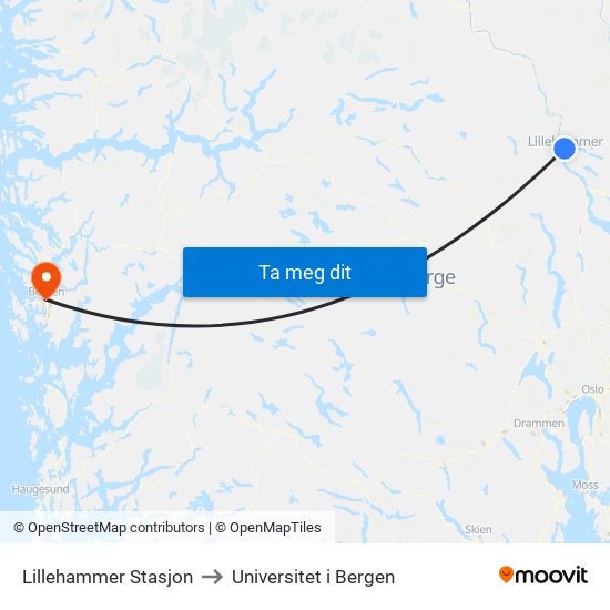 Lillehammer Stasjon to Universitet i Bergen map