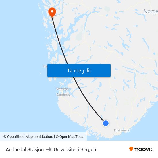 Audnedal Stasjon to Universitet i Bergen map
