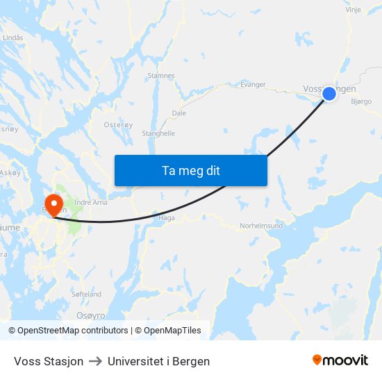 Voss Stasjon to Universitet i Bergen map