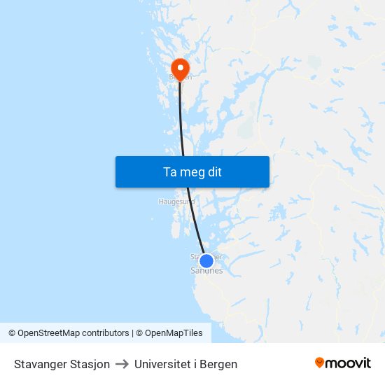 Stavanger Stasjon to Universitet i Bergen map