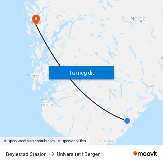 Bøylestad Stasjon to Universitet i Bergen map
