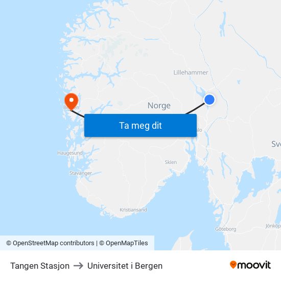 Tangen Stasjon to Universitet i Bergen map
