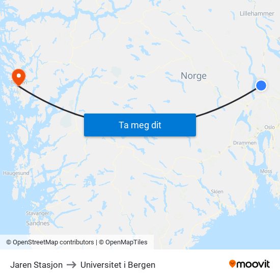 Jaren Stasjon to Universitet i Bergen map