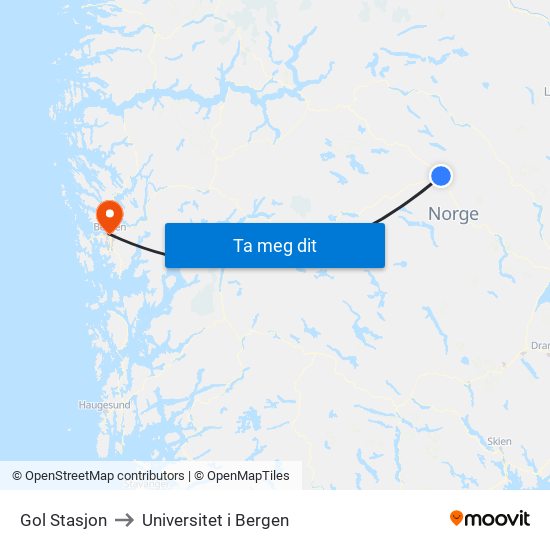 Gol Stasjon to Universitet i Bergen map