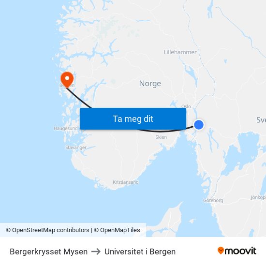 Bergerkrysset Mysen to Universitet i Bergen map