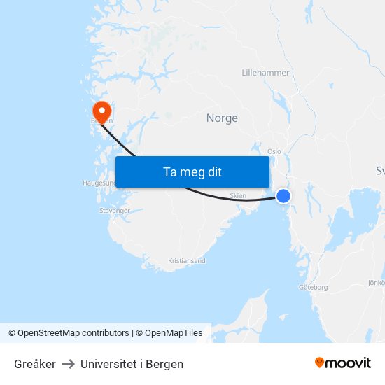 Greåker to Universitet i Bergen map
