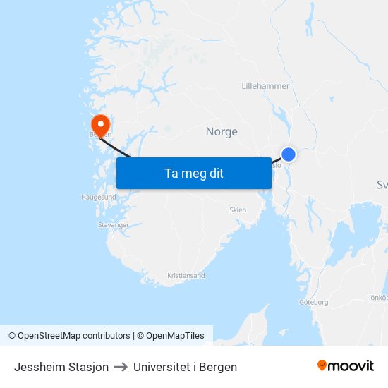 Jessheim Stasjon to Universitet i Bergen map