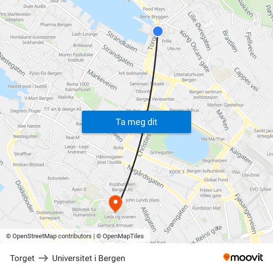 Torget to Universitet i Bergen map