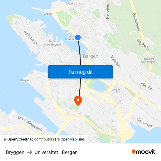 Bryggen to Universitet i Bergen map