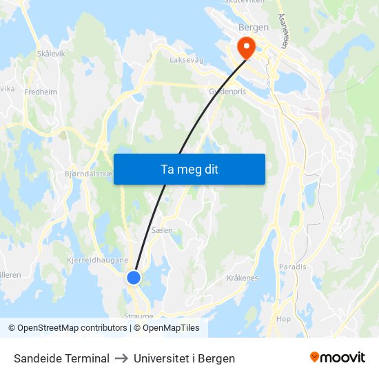 Sandeide Terminal to Universitet i Bergen map