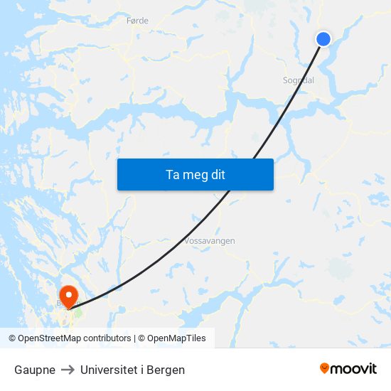 Gaupne to Universitet i Bergen map