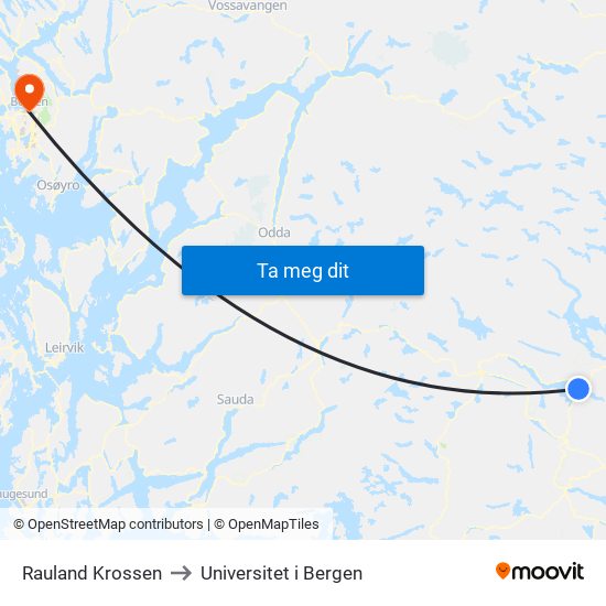 Rauland Krossen to Universitet i Bergen map