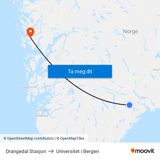 Drangedal Stasjon to Universitet i Bergen map