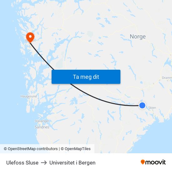 Ulefoss Sluse to Universitet i Bergen map