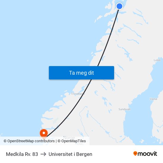 Medkila Rv. 83 to Universitet i Bergen map
