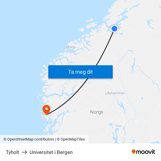 Tyholt to Universitet i Bergen map