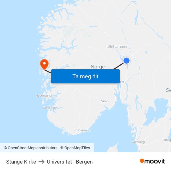 Stange Kirke to Universitet i Bergen map