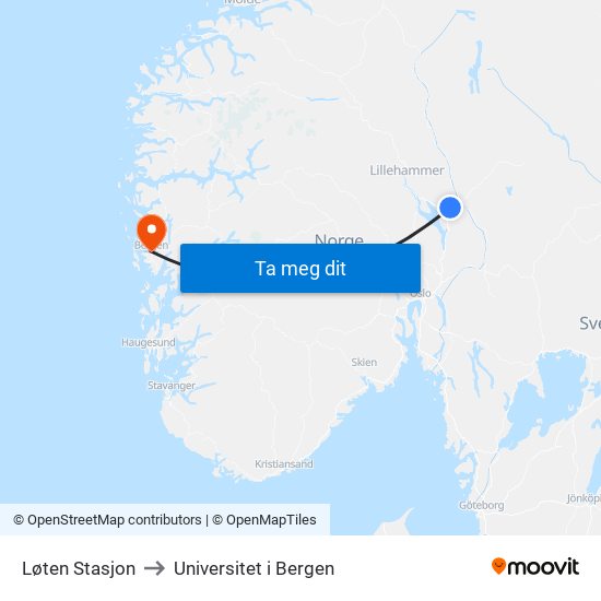 Løten Stasjon to Universitet i Bergen map