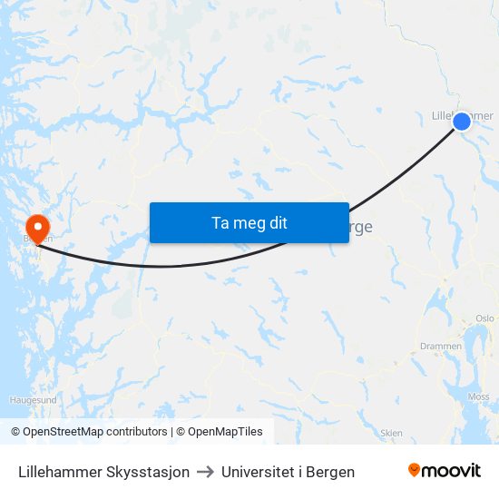 Lillehammer Skysstasjon to Universitet i Bergen map