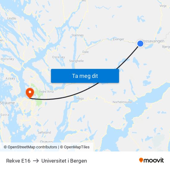 Rekve E16 to Universitet i Bergen map