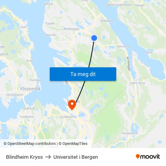 Blindheim Kryss to Universitet i Bergen map