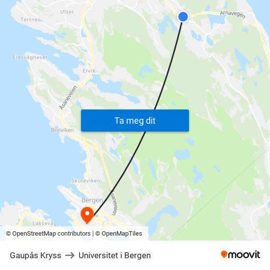 Gaupås Kryss to Universitet i Bergen map