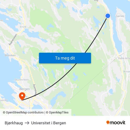 Bjørkhaug to Universitet i Bergen map