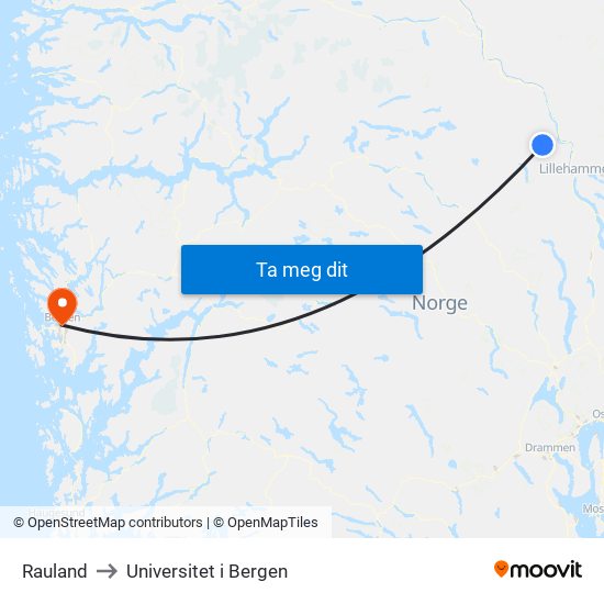 Rauland to Universitet i Bergen map