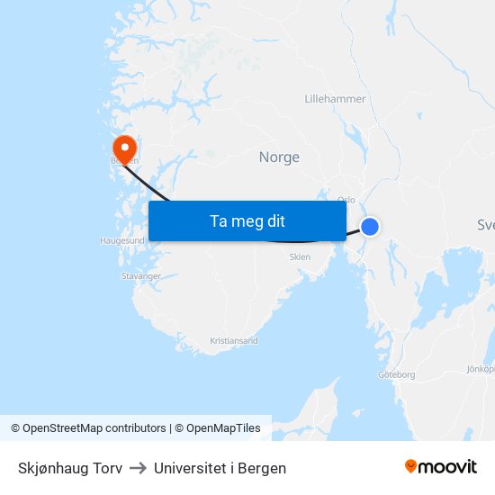 Skjønhaug Torv to Universitet i Bergen map