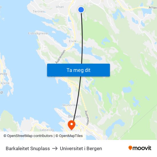 Barkaleitet Snuplass to Universitet i Bergen map