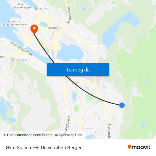 Øvre Sollien to Universitet i Bergen map