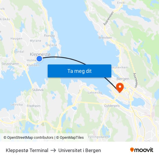 Kleppestø Terminal to Universitet i Bergen map