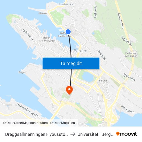 Dreggsallmenningen Flybusstopp to Universitet i Bergen map