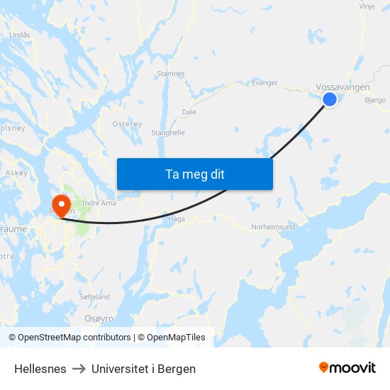 Hellesnes to Universitet i Bergen map