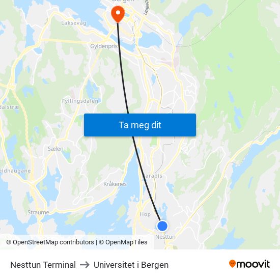 Nesttun Terminal to Universitet i Bergen map