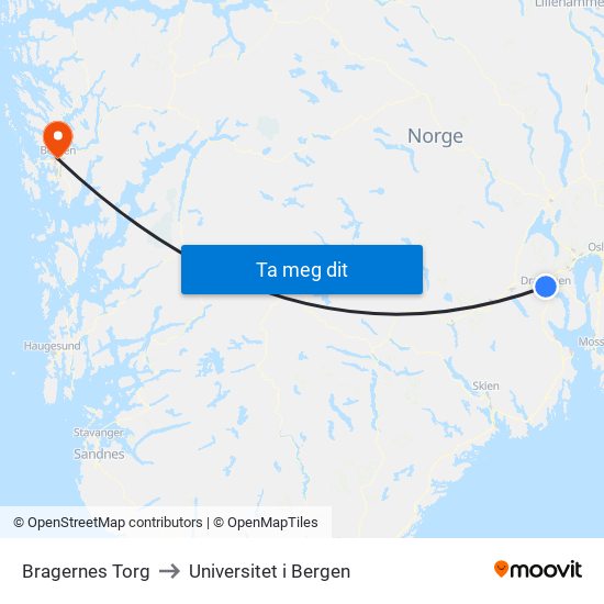 Bragernes Torg to Universitet i Bergen map