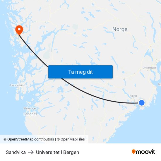 Sandvika to Universitet i Bergen map